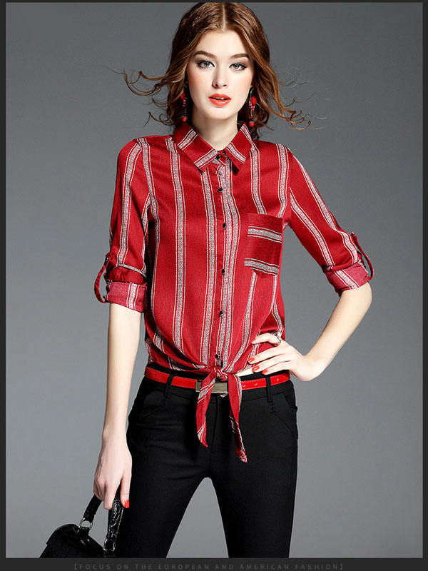 Women stripes long sleeve shirt woven shirt